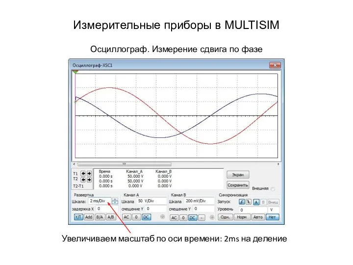 Измерительные приборы в MULTISIM Осциллограф. Измерение сдвига по фазе Увеличиваем