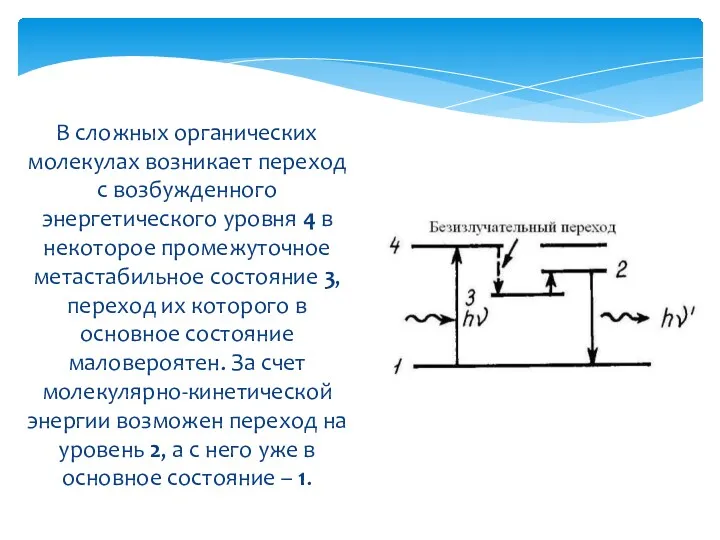 В сложных органических молекулах возникает переход с возбужденного энергетического уровня