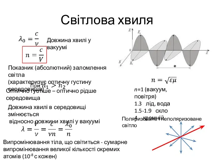 Світлова хвиля Показник (абсолютний) заломлення світла (характеризує оптичну густину середовища)