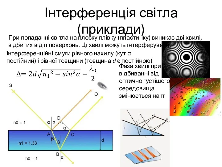 Інтерференція світла (приклади) При попаданні світла на плоску плівку (пластинку)