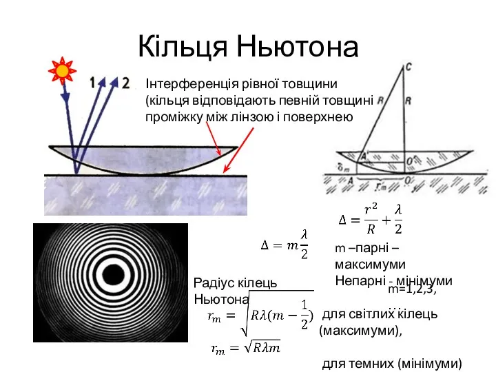 Кільця Ньютона m –парні –максимуми Непарні - мінімуми Радіус кілець