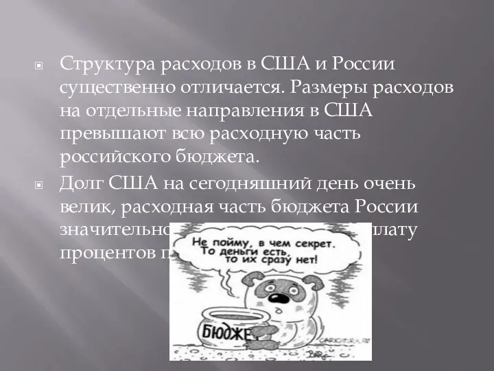 Структура расходов в США и России существенно отличается. Размеры расходов