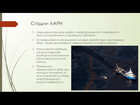 Стадии ЛАРН Распыляются сорбенты, которые позволяют проводить естественное рассеивание вылитой