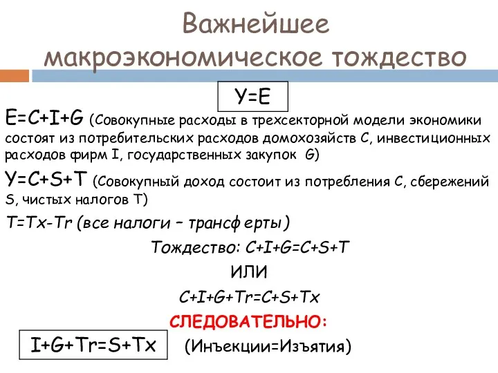 Важнейшее макроэкономическое тождество E=C+I+G (Совокупные расходы в трехсекторной модели экономики состоят из потребительских