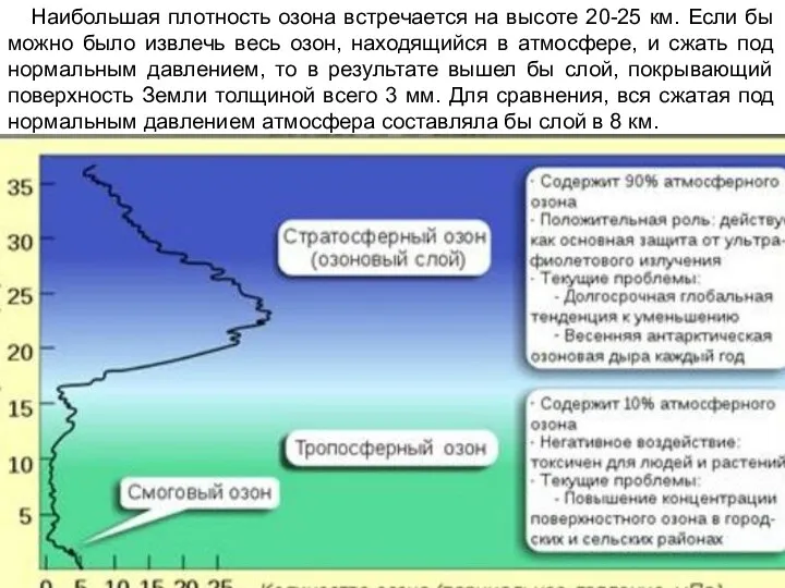 Наибольшая плотность озона встречается на высоте 20-25 км. Если бы