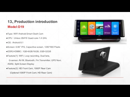13、Production introduction Type: WIFI Android Smart Dash Cam CPU :