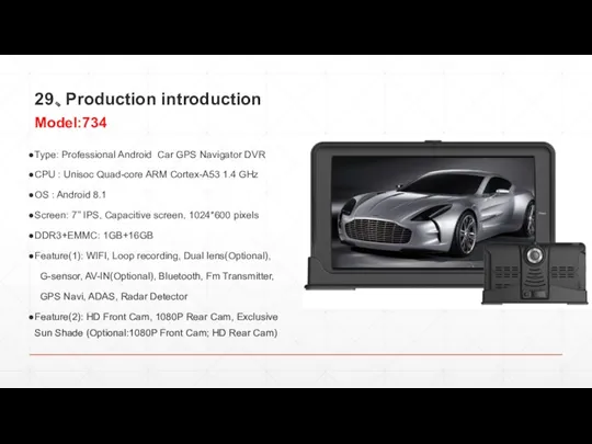 29、Production introduction Type: Professional Android Car GPS Navigator DVR CPU