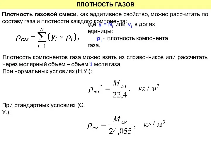 ПЛОТНОСТЬ ГАЗОВ Плотность газовой смеси, как аддитивное свойство, можно рассчитать