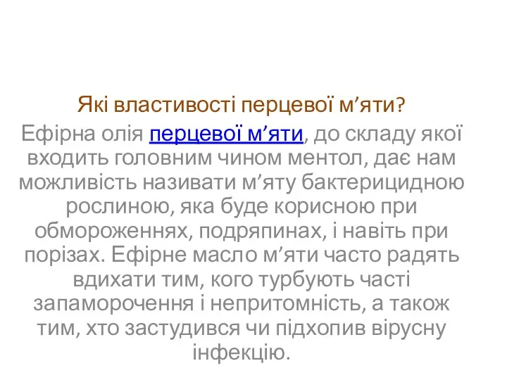 Які властивості перцевої м’яти? Ефірна олія перцевої м’яти, до складу