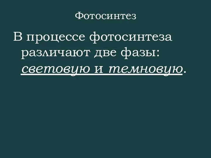 Фотосинтез В процессе фотосинтеза различают две фазы: световую и темновую.