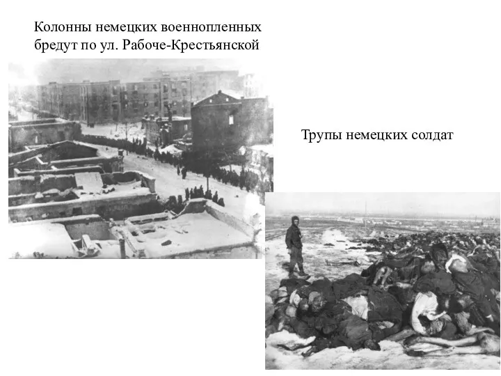 Колонны немецких военнопленных бредут по ул. Рабоче-Крестьянской Трупы немецких солдат