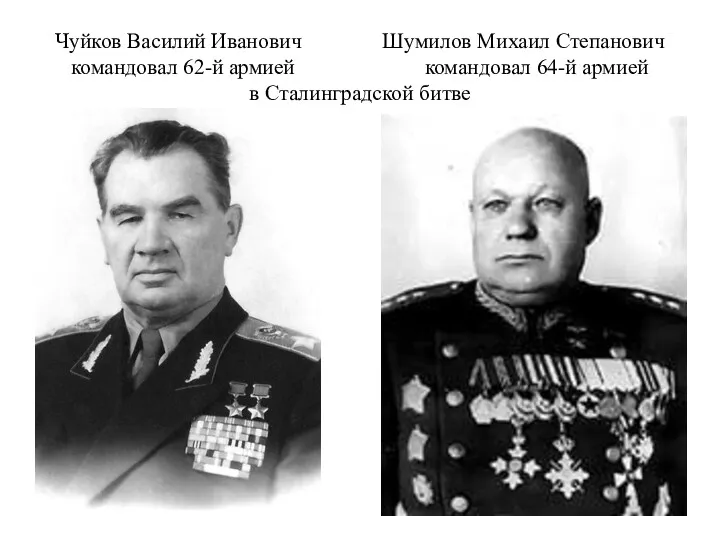 Чуйков Василий Иванович Шумилов Михаил Степанович командовал 62-й армией командовал 64-й армией в Сталинградской битве