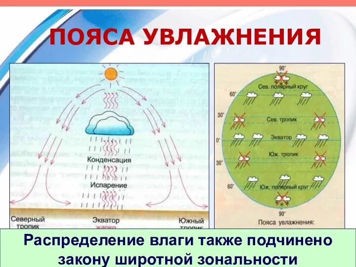 ПОЯСА УВЛАЖНЕНИЯ Распределение влаги также подчинено закону широтной зональности