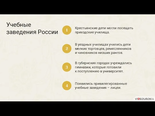 Учебные заведения России Крестьянские дети могли посещать приходские училища. 1