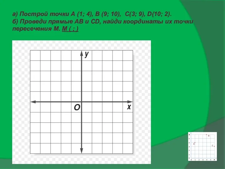 а) Построй точки А (1; 4), В (9; 10), С(3;