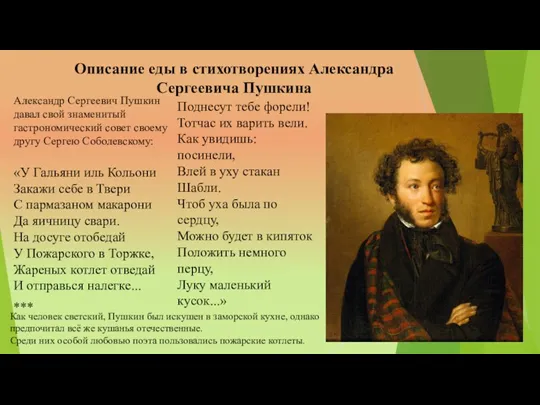 Описание еды в стихотворениях Александра Сергеевича Пушкина Александр Сергеевич Пушкин