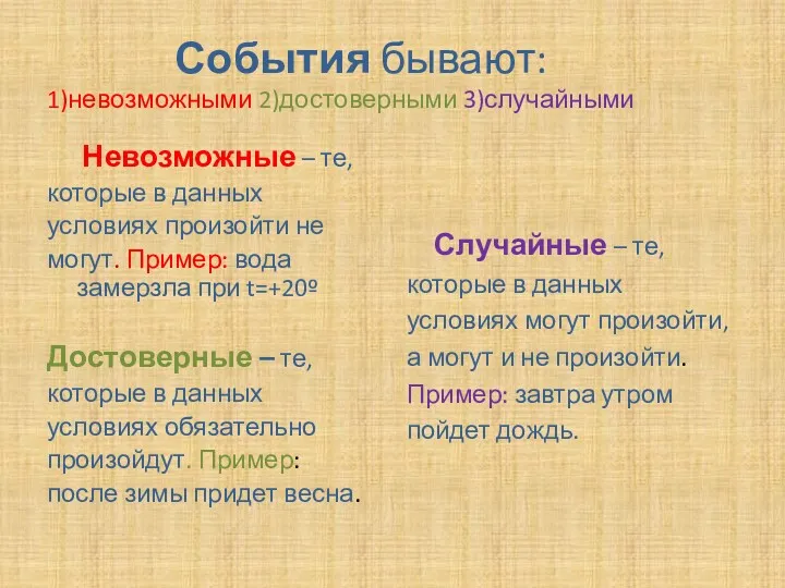 События бывают: 1)невозможными 2)достоверными 3)случайными Невозможные – те, которые в