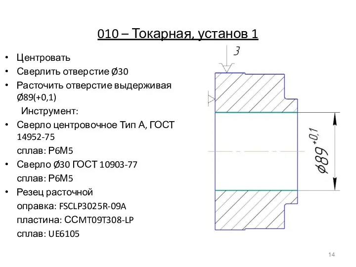 010 – Токарная, установ 1 Центровать Сверлить отверстие Ø30 Расточить