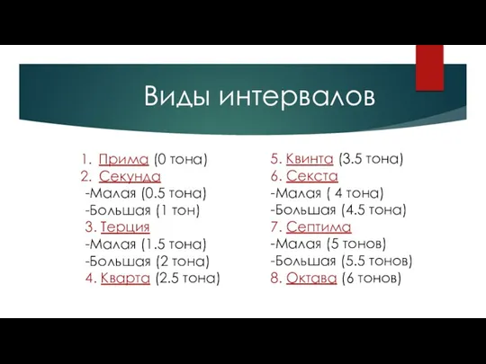 Виды интервалов Прима (0 тона) Секунда -Малая (0.5 тона) -Большая