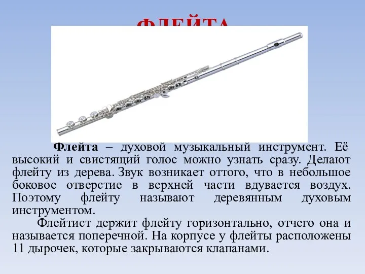 ФЛЕЙТА Флейта – духовой музыкальный инструмент. Её высокий и свистящий