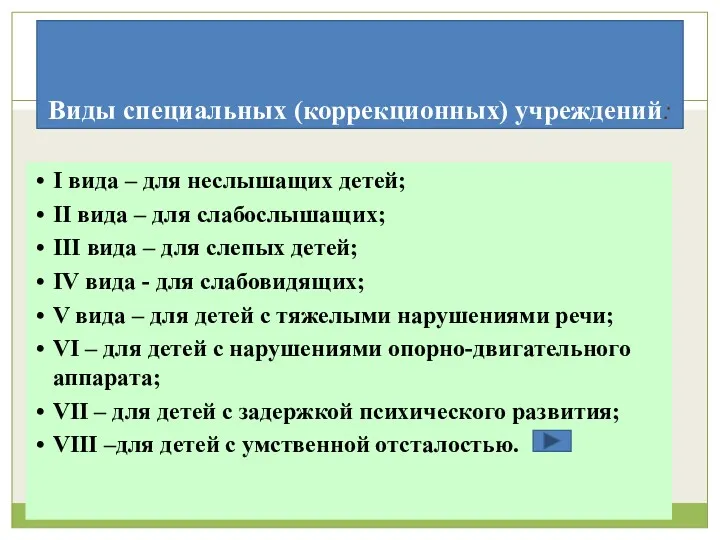 Виды специальных (коррекционных) учреждений: I вида – для неслышащих детей;