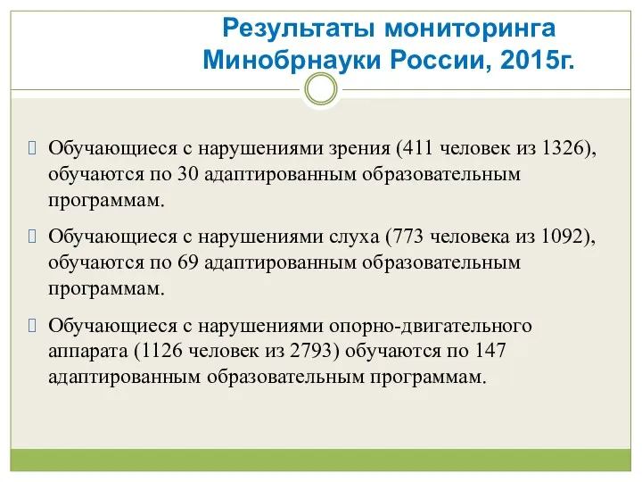 Результаты мониторинга Минобрнауки России, 2015г. Обучающиеся с нарушениями зрения (411