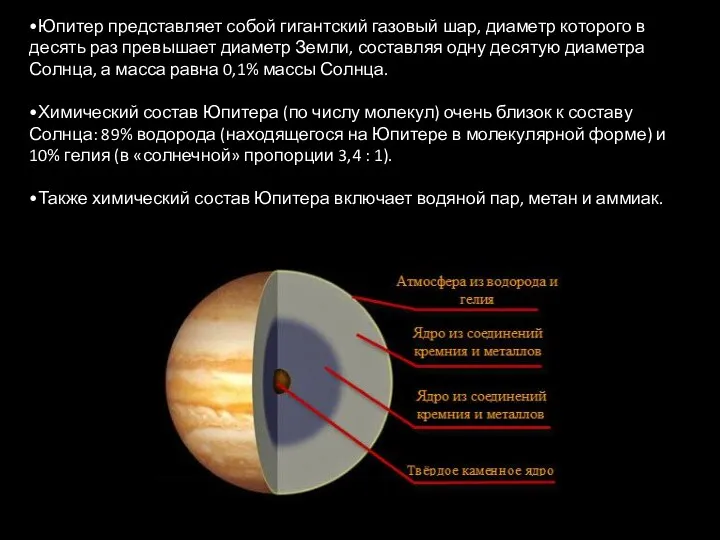 •Юпитер представляет собой гигантский газовый шар, диаметр которого в десять