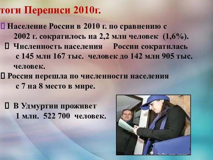 итоги Переписи 2010г. Население России в 2010 г. по сравнению