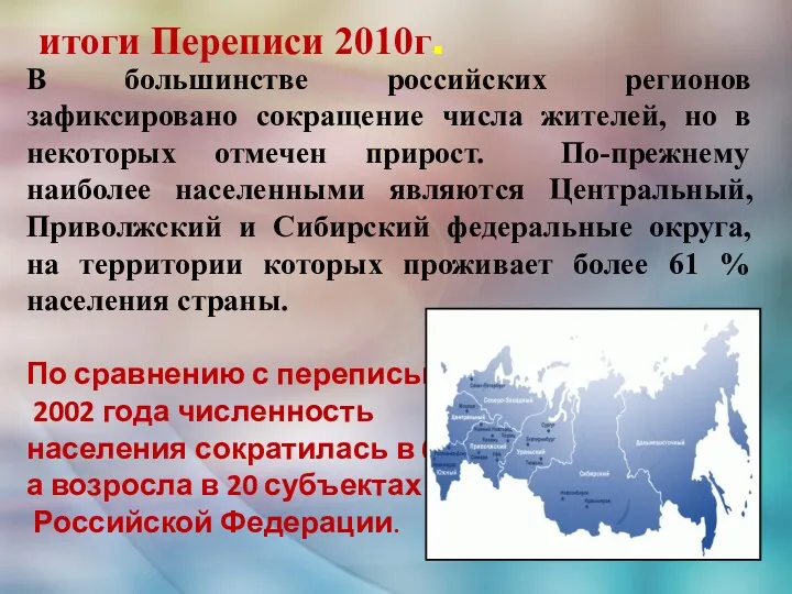 итоги Переписи 2010г. В большинстве российских регионов зафиксировано сокращение числа