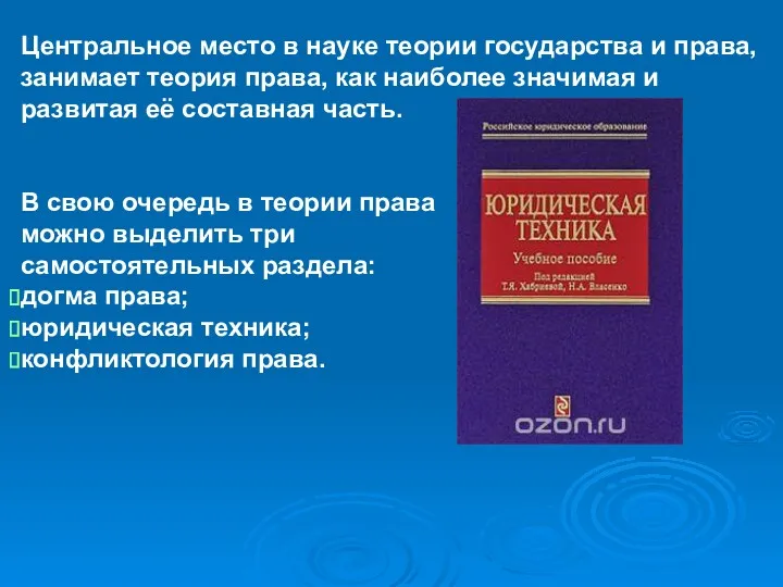 Центральное место в науке теории государства и права, занимает теория