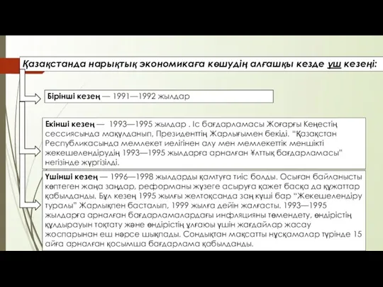 Қазақстанда нарықтық экономикаға көшудің алғашқы кезде үш кезеңі: Бірінші кезең