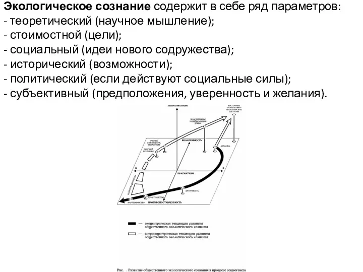 Экологическое сознание содержит в себе ряд параметров: - теоретический (научное