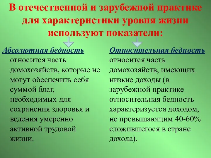 В отечественной и зарубежной практике для характеристики уровня жизни используют