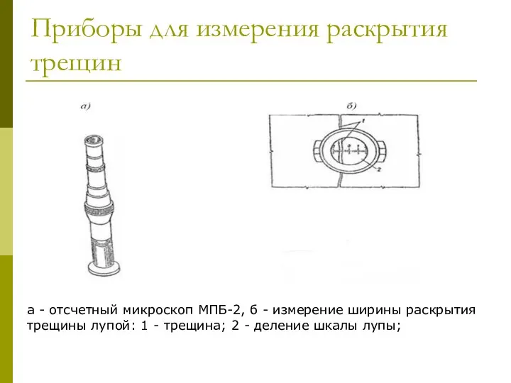 Приборы для измерения раскрытия трещин а - отсчетный микроскоп МПБ-2,