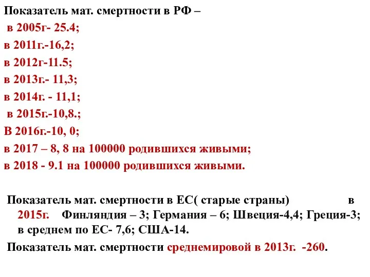Показатель мат. смертности в РФ – в 2005г- 25.4; в