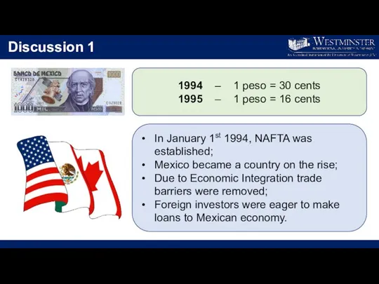 Discussion 1 1994 – 1 peso = 30 cents 1995