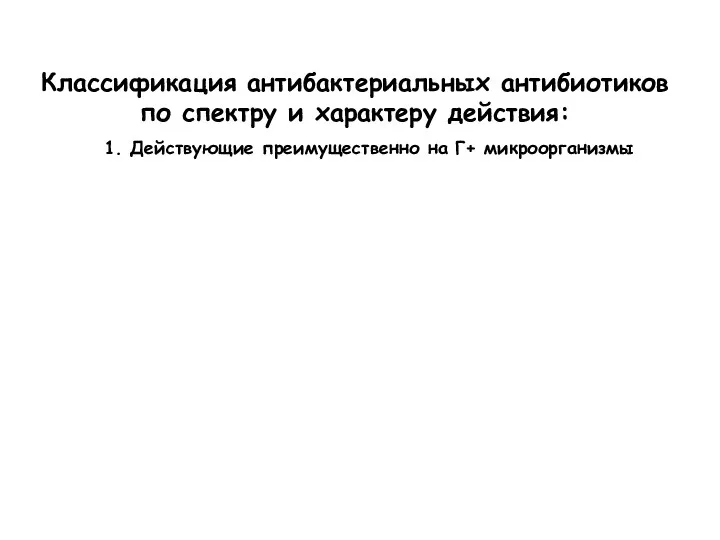 Классификация антибактериальных антибиотиков по спектру и характеру действия: 1. Действующие преимущественно на Г+ микроорганизмы