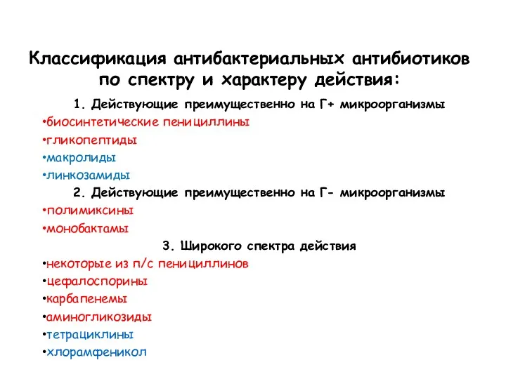 Классификация антибактериальных антибиотиков по спектру и характеру действия: 1. Действующие