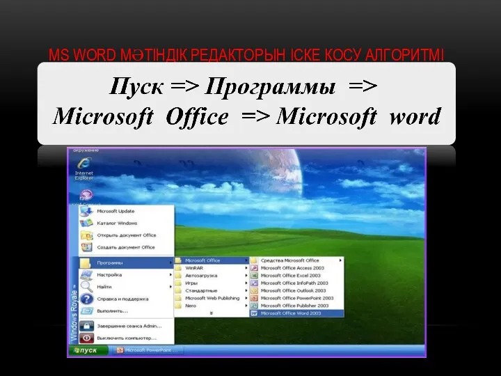 MS WORD МӘТІНДІК РЕДАКТОРЫН ІСКЕ КОСУ АЛГОРИТМІ