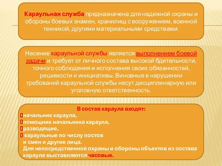 Караульная служба предназначена для надежной охраны и обороны боевых знамен,