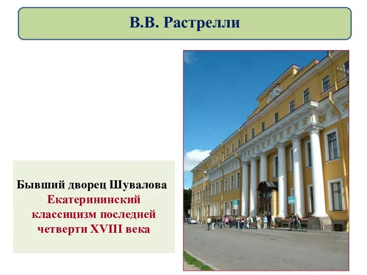 Бывший дворец Шувалова Екатерининский классицизм последней четверти XVIII века В.В. Растрелли
