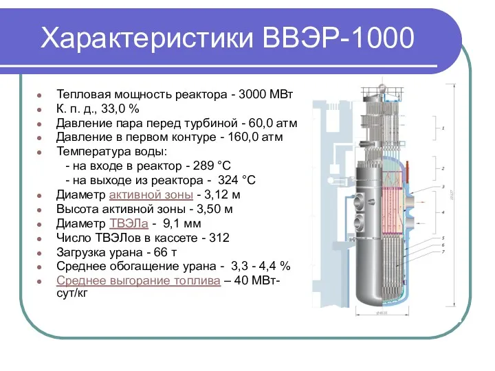 Характеристики ВВЭР-1000 Тепловая мощность реактора - 3000 МВт К. п.