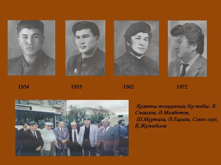 Жылдар...Жылдар...Жылдар... 1954 1955 1962 1972 Қуатты толқынның бір тобы: К.Смаилов, Ә.Мәмбетов, Ш.Мұртаза, Ә.Тарази, Сәкен сері, Қ.Жұмаділов