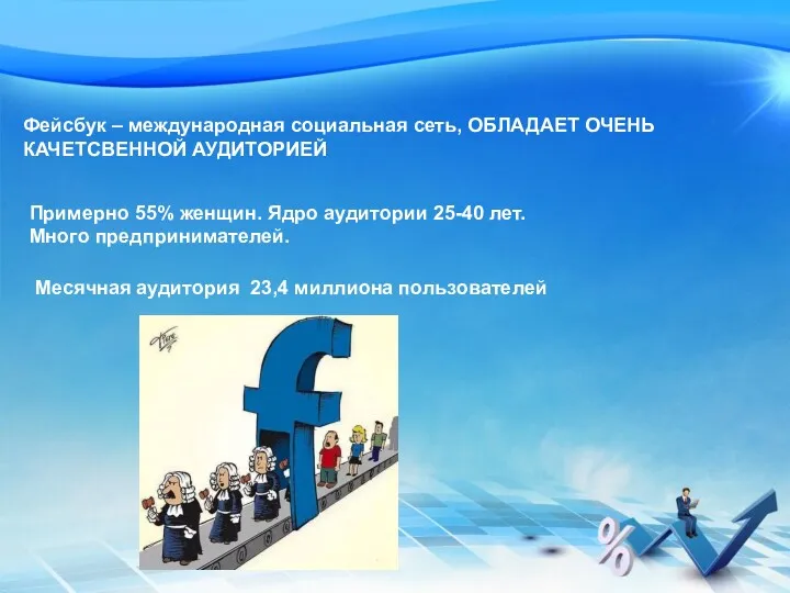 Фейсбук – международная социальная сеть, ОБЛАДАЕТ ОЧЕНЬ КАЧЕТСВЕННОЙ АУДИТОРИЕЙ Примерно