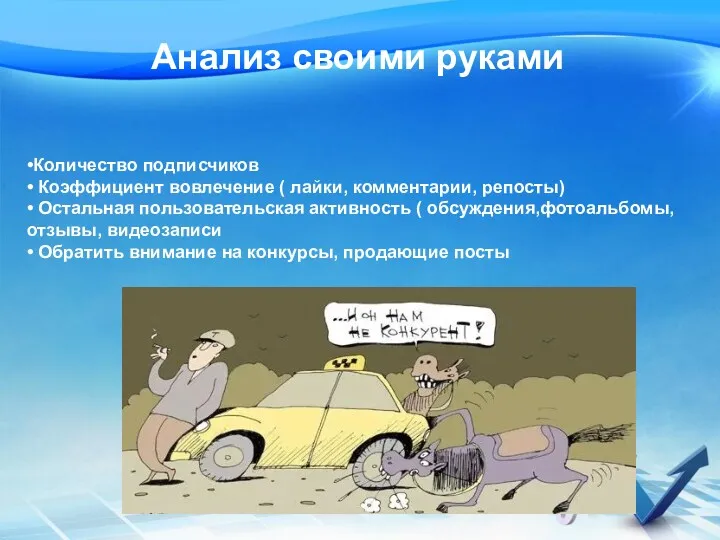 Анализ своими руками •Количество подписчиков • Коэффициент вовлечение ( лайки,