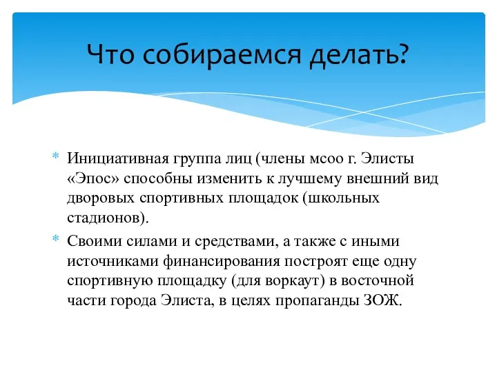 Инициативная группа лиц (члены мсоо г. Элисты «Эпос» способны изменить к лучшему внешний