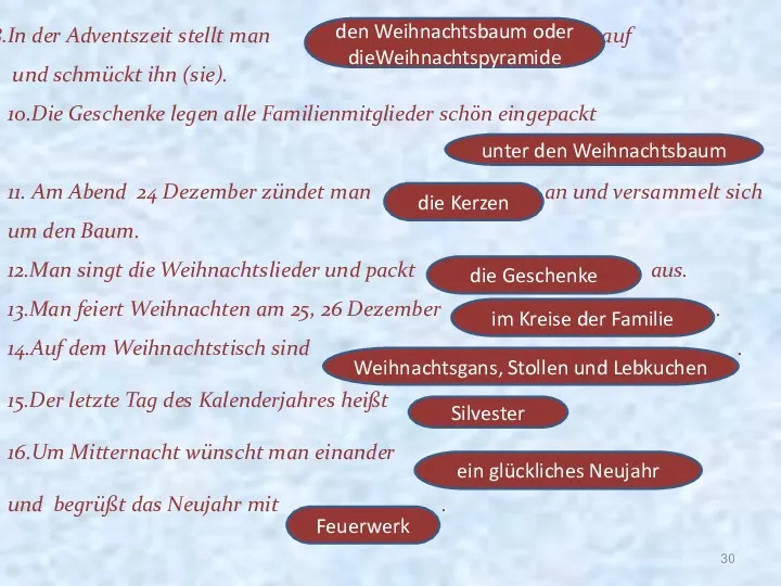 In der Adventszeit stellt man auf und schmückt ihn (sie).