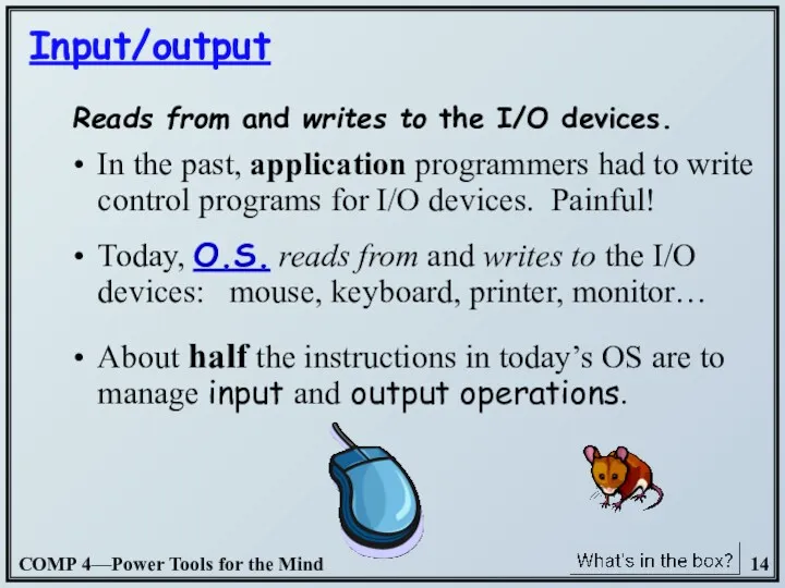 Reads from and writes to the I/O devices. About half