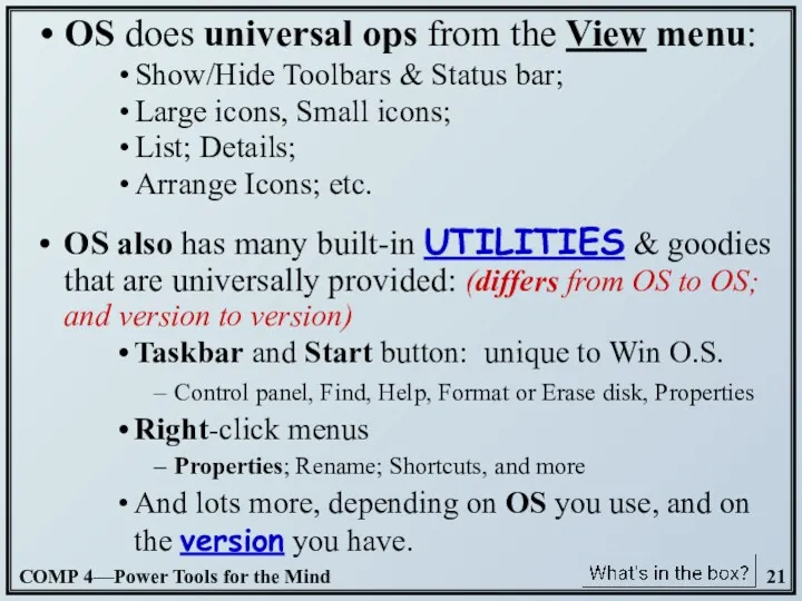 OS does universal ops from the View menu: Show/Hide Toolbars