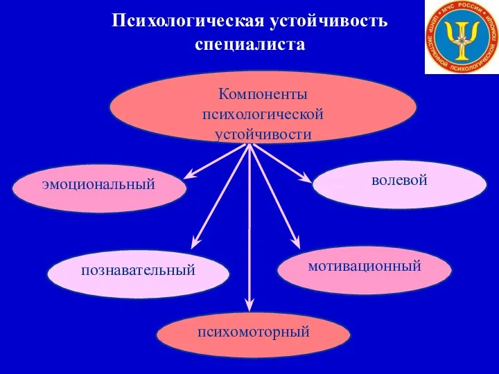 Психологическая устойчивость специалиста Компоненты психологической устойчивости эмоциональный волевой психомоторный познавательный мотивационный